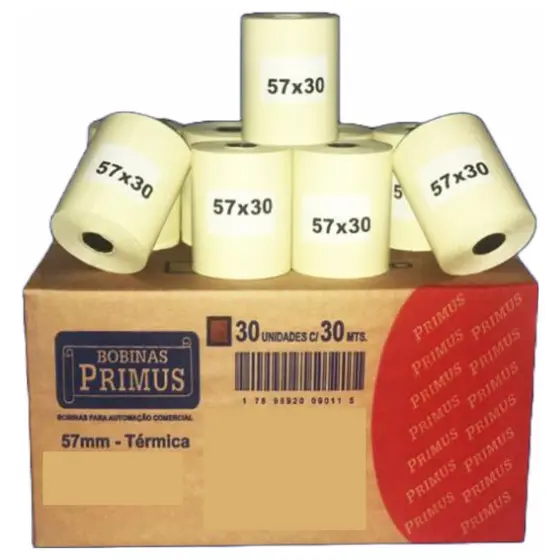 Bobina Térmica 57mm x 30m Primus Caixa 30 Rolos - Recibos Maquininhas PDV Relógios Ponto Impressora