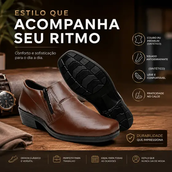 Sapato Masculino Preto ou Marrom Confortável Casual Couro Sintético Zíper Lateral Leve Durável Antiderrapante
