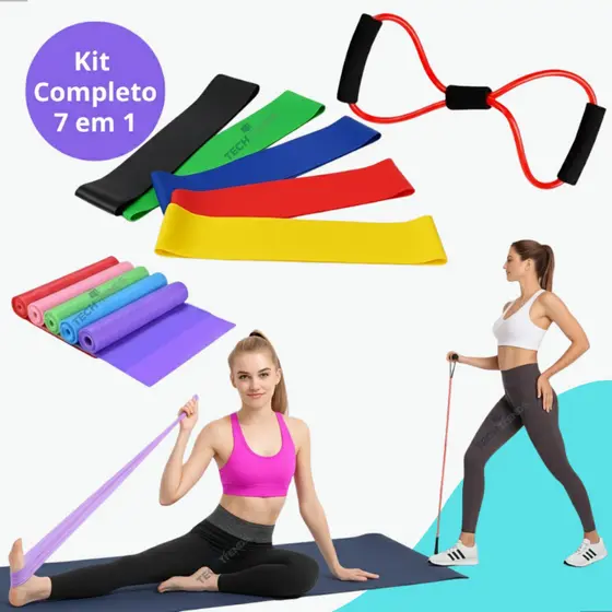 Kit 7 em 1 Elástico Para Exercício Físico em Casa Kit 5 Mini Bands + Faixa Yoga + Elastico extensor