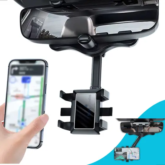 Suporte Celular Retrovisor Carro 360° Ajustável Universal GPS Veicular Fixação Espelho Retrovisor