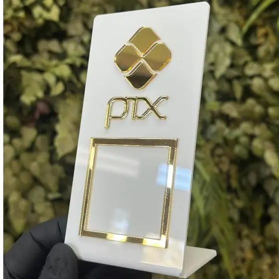 Placa Pix Display Acrílico Espelhado QR Code Mesa Balcão Dourado