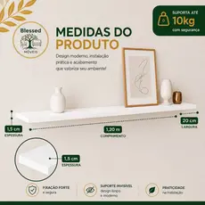 Prateleira Flutuante Branca 120x20 cm MDF 15 mm Suporte Invisível