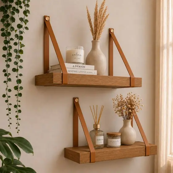 Prateleira Grossa Alça de Couro 50x15 cm MDF Freijó 30mm Decorativa