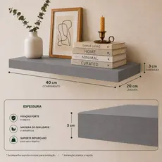 Prateleira Cinza 40x20 Grossa 30mm MDF Suporte Invisível