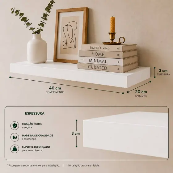 Prateleira Branca 40x20 Grossa 30mm MDF Suporte Invisível