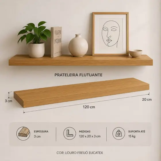 Prateleira Freijó 120x20 Grossa 30mm Suporte Invisível MDF