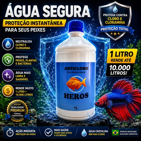 Condicionador de Água  1L - Anticloro para Aquário de Peixes - Anti Cloro para Aquário - Remove Cloro e Cloramina