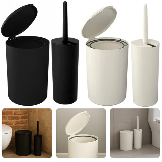 Kit Acessório Banheiro Lavabo Lixeira 5L Escova Sanitária Preto Bege Elegante