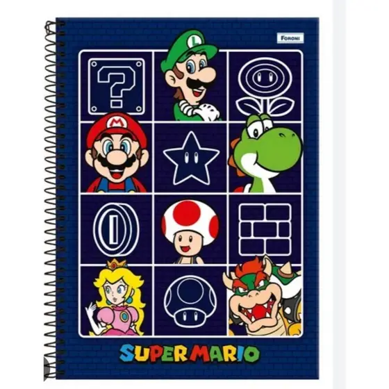 Caderno Universitário Super Mario Bros 10 matérias 160 fls Universitário, Espiral Foroni