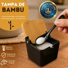 Saleiro Manhattan Premium Em Porcelana Com Tampa De Bambu Preto