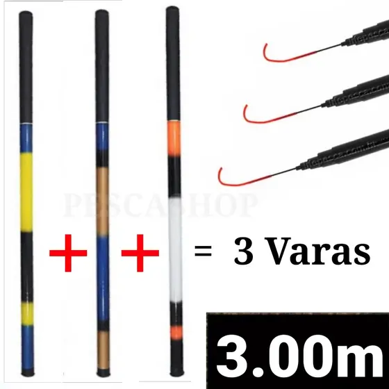 Kit 3 Varas Telescópicas Lisa 3,00M 40% Fibra De Carbono Ação Lenta C.W 7-17lbs Cmik