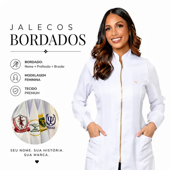 Jaleco Branco Bordado (Zíper) - Profissional da Saúde e Estética