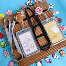 Porta cartão photocard decorado com cordão e roller clip, porta-crachá emborrachado id empresarial