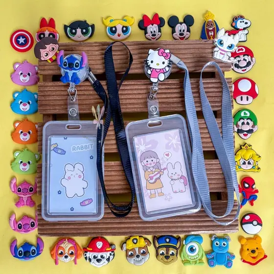 Kit de identificação photocard personagens porta cartão + roller clip + cordão id porta-crachá