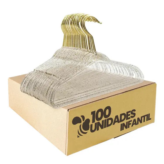 Kit 100 Cabides Acrílico 28cm Infantil Gliter Gancho Dourado