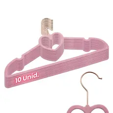 Kit 10 Cabides Veludo Rosa Gancho Rose Slim Formato Coração