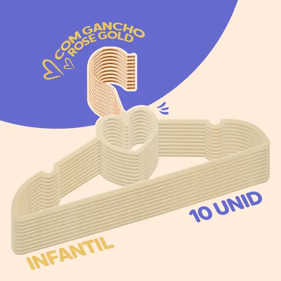 Kit 10 Cabides Veludo Bege Gancho Rose Infantil 28cm Coração