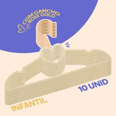 Kit 10 Cabides Veludo Bege Gancho Rose Infantil 28cm Coração