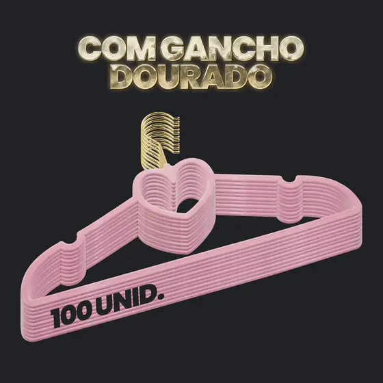 Kit 100 Cabides Veludo Rosa Formato Coração Gancho Dourado