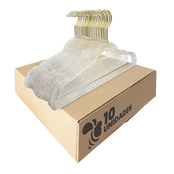 Kit 10 Cabides Acrílico Transparente Gliter e Gancho Dourado