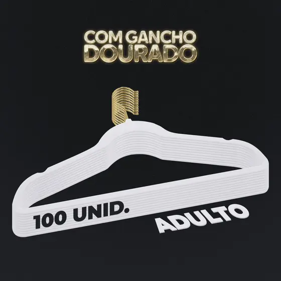 Kit 100 Cabides Veludo Branco Gancho Dourado Antideslizantes