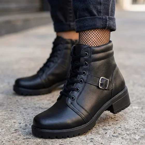 Bota Feminina cano curto moda Tratorado Feminino Confortável - COTURNO SOLADO TRATORADO PRETO OUTONO-INVERNO 2024
