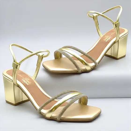 Sandália feminina salto bloco tiras com strass brilhosos linha conforto ajustável nude / off white / preto / dourado