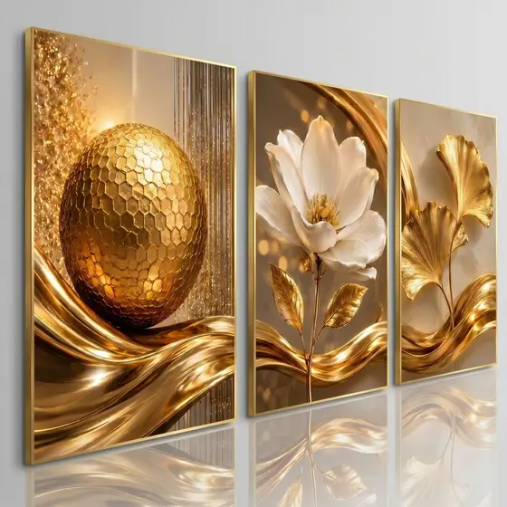 Quadros Decorativos 3 Peças Sala Quarto Abstratos Dourado Floral Premium Tela 3D Moderno Flores Trio