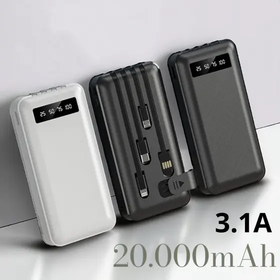 Carregador Portátil 20000mah Power Bank Universal Saida 4 Cabos Tipo C / iPhone / V8