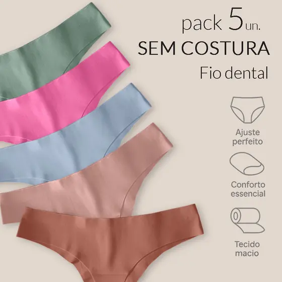 Kit 5 Calcinhas Fio Dental Bege Sem Costura Microfibra Tanga Corte a Laser Não Marca Microfibra