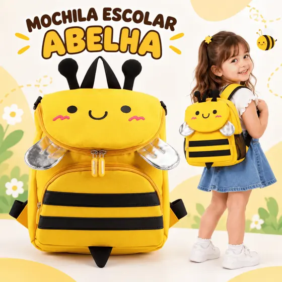 Mochila De Costas Infantil Abelha 3D Nylon Neoprene Escolar Creche Passeio Criança Menino Menina Poliester