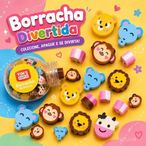 Mini Borracha Pote 36 Unidades Bichinhos Criança Escolar Infantil Lembrancinha Criativa Papelaria Fazendinha Borboleta