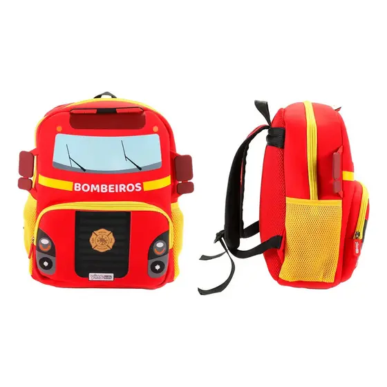 Mochila Infantil Carrinho Bombeiro Neoprene Escolar Creche Passeio Criança Menino Menina Poliester