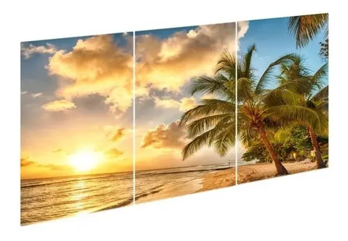 Quadro decorativo 3 peças coqueiro lindo por do sol