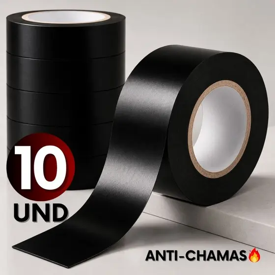 Kit 10 Fita Isolante Antichamas Preta 5 Metros para Isolamento Elétrico Uso Profissional
