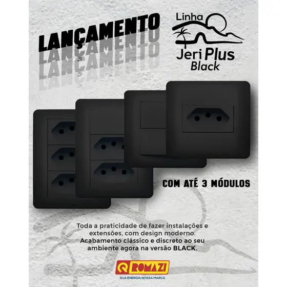 Conjunto tomadas e interruptores Sobrepor Romazi Jeri Plus Black