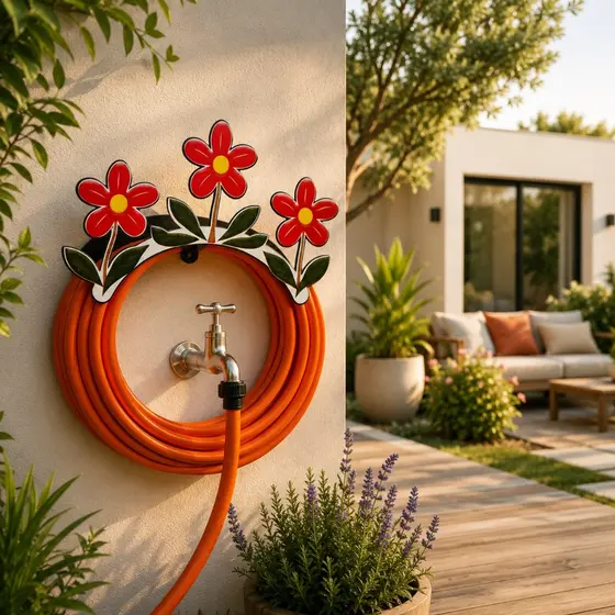 Suporte Em Aço Fixo Em Parede Enrolador De Mangueira Organizador De Quintal Jardim Area Externa - FLOR BASE PRETA