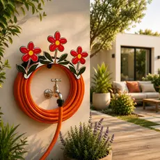 Suporte Enrolador De Mangueira Em Aço Fixo Em Parede Organizador De Quintal Jardim Base Preta Flor