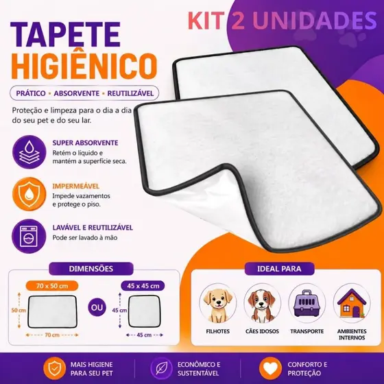 Kit 2 Tapetes Higiênico Lavável Super Absorção 200 Lavagens