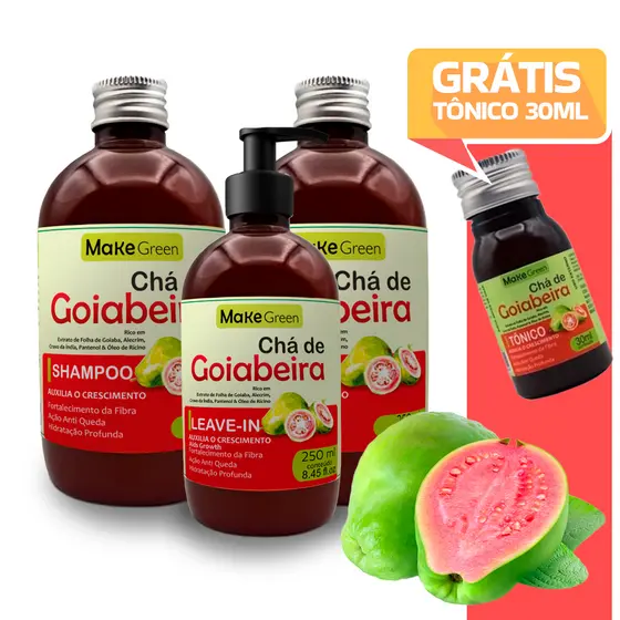 Shampoo Máscara e Leave in Tratamento Crescimento e Antiqueda Queda Chá de Goiabeira - 250ml 2 tônicos