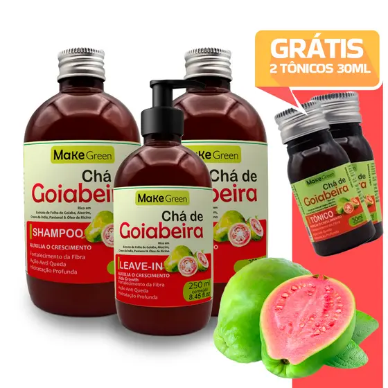 Shampoo Máscara e Leave in Tratamento Crescimento e Antiqueda Queda Chá de Goiabeira - 500ml 2tônicos