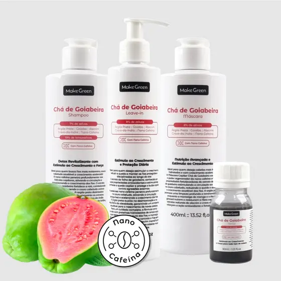 Novo Kit Tratamento Completo Chá de Goiabeira – Shampoo + Máscara + Leave-in + Tônico | Crescimento Capilar e Força Tota