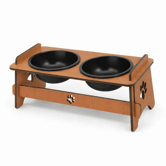 Comedouro Pet Elevado Inclinável MDF Cães e Gatos 2 Potes Tigela Tampa Ração Água