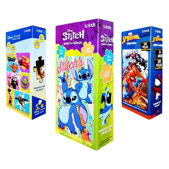 Quebra Cabeça 100 Peças Lilo Stitch Homem Aranha e Pixar Infantil