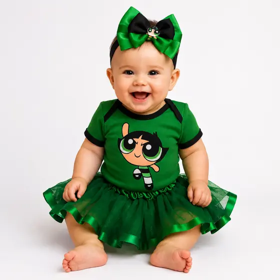 Fantasia Bebê Docinho Meninas Super poderosas Body Infantil Saia Tutu Verde + Laço Mesversario
