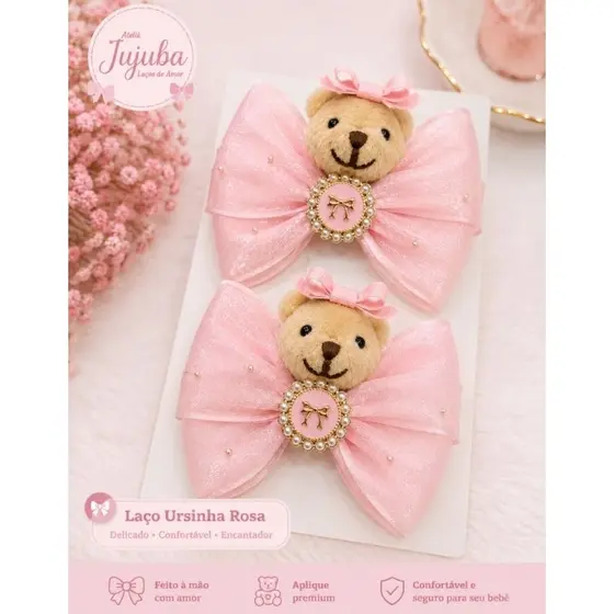 Par de Laço ursinho de pelúcia Infantil  Inverno Urso de Pelúcia com  Strass – Presilha | Laço Boutique Elegante