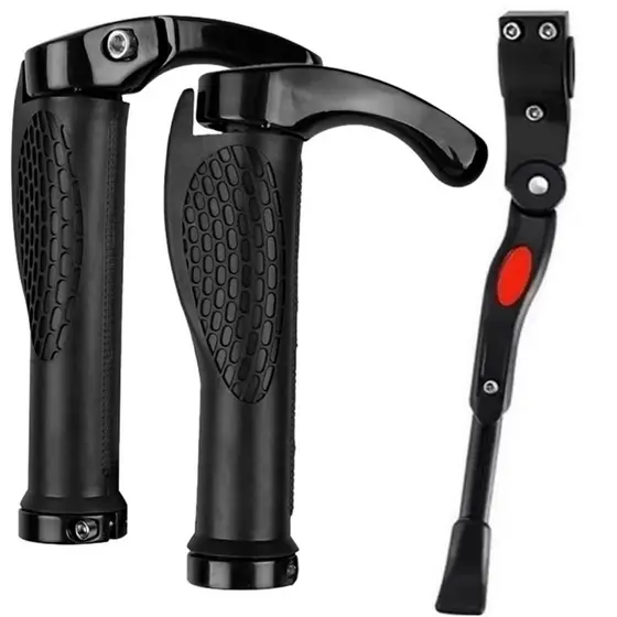 kit Descanso pezinho lateral c/ regulagem aro 20 24 26 27,5 e 29 + Par De Manopla Bike Anatômica Gel Trava Bar End