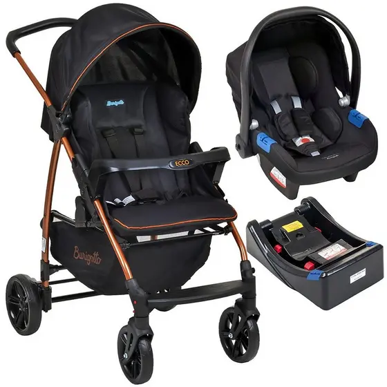 Carrinho com Bebe Conforto Base Burigotto Ecco Preto Bronze