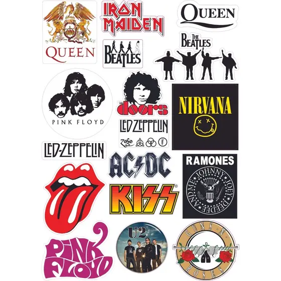 Adesivos Bandas de Rock kiss, ac dc, the doors kit com 17 pç