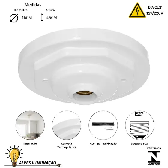 Kit 2 Plafons Oitavado de Sobrepor o Teto bocal E27 Soquete Termoplástico Bivolt Completo